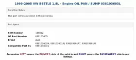 038103603L AUDI Engine Oil Pan Sump Vw Beetle #3