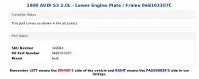 06B103307C AUDI Lower Engine Plate Frame S3 #3