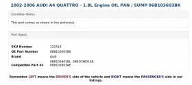 06B103603BK AUDI Engine Oil Pan Sump A4 Quattro #3