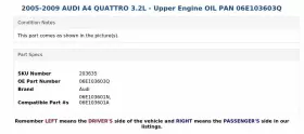 06E103603Q AUDI Upper Engine Oil Pan A4 Quattro #3