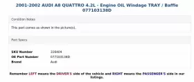 077103138D AUDI Engine Oil Windage Tray Baffle A8 Quattro #3