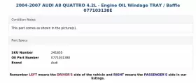 077103138E AUDI Engine Oil Windage Tray Baffle A8 Quattro #3