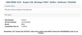 11137502668 BMW Engine Oil Windage Tray Baffle Deflector 323I #3