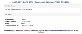 11137555904 BMW Engine Oil Windage Tray 135I #3