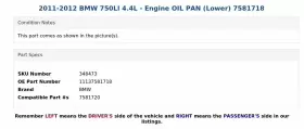 11137581718 BMW Engine Oil Pan Lower 750LI #3