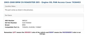 51617036493 BMW Engine Oil Pan Access Cover Z4 E85 Roadster #3