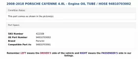 94810703002 PORSCHE Engine Oil Tube Hose Cayenne #3