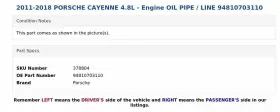 94810703110 PORSCHE Engine Oil Pipe Line Cayenne #3