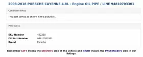 94810703301 PORSCHE Engine Oil Pipe Line Cayenne #3