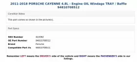 94810708512 PORSCHE Engine Oil Windage Tray Baffle Cayenne #3 94810708512 PORSCHE Engine Oil Windage Tray Baffle Cayenne #3