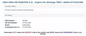 077103138H VOLKSWAGEN Phaeton Engine Oil Windage Tray Baffle #3