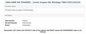 07Z115221G VOLKSWAGEN Center Engine Oil Windage Tray Vw #3