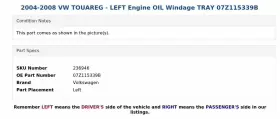 07Z115339B VOLKSWAGEN Left Engine Oil Windage Tray Vw Touareg #3