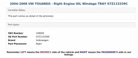 07Z115339C VOLKSWAGEN Right Engine Oil Windage Tray Vw #3