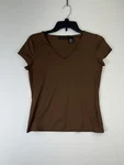 Apostrophe Shirt Womens Small Brown Stretch V Neck Short Sleeve Top Basic Tee. Fixed Price $7.99.