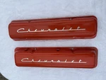 Chevy Sbc Valve Covers Orange Powder Coated W/ Silver Script Restored. Fixed Price $269.00.
